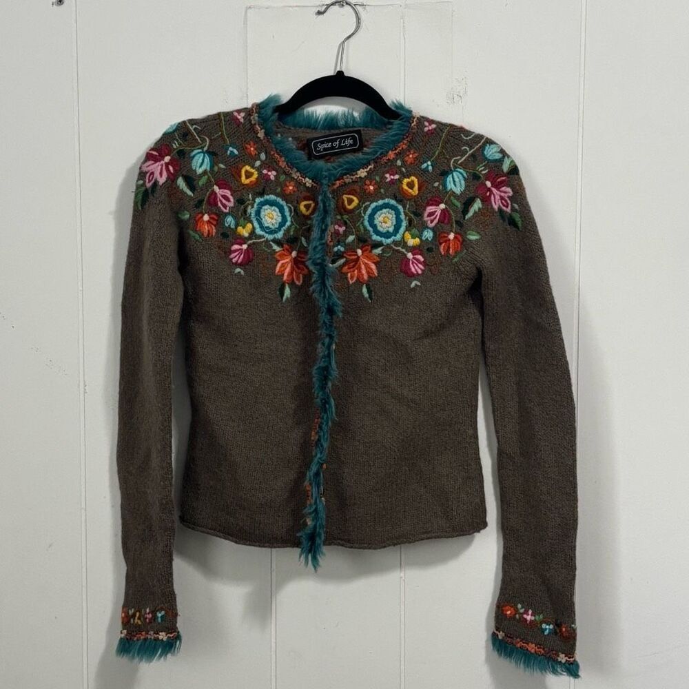 Spice of Life Boho Embroidered Wool‎ Cardigan Small Art to wear